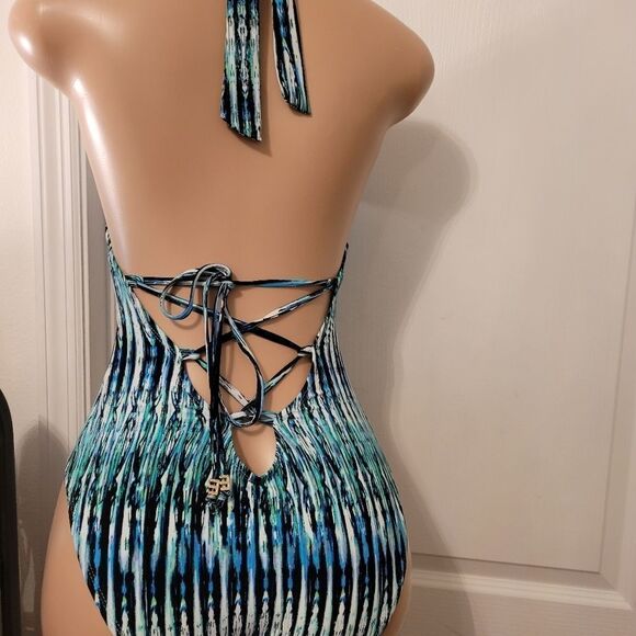 BAR III WOMEN'S PRINTED PLUNGE INDIGO LACE-UP ONE-PIECE SWIMSUIT - Picture 6 of 15